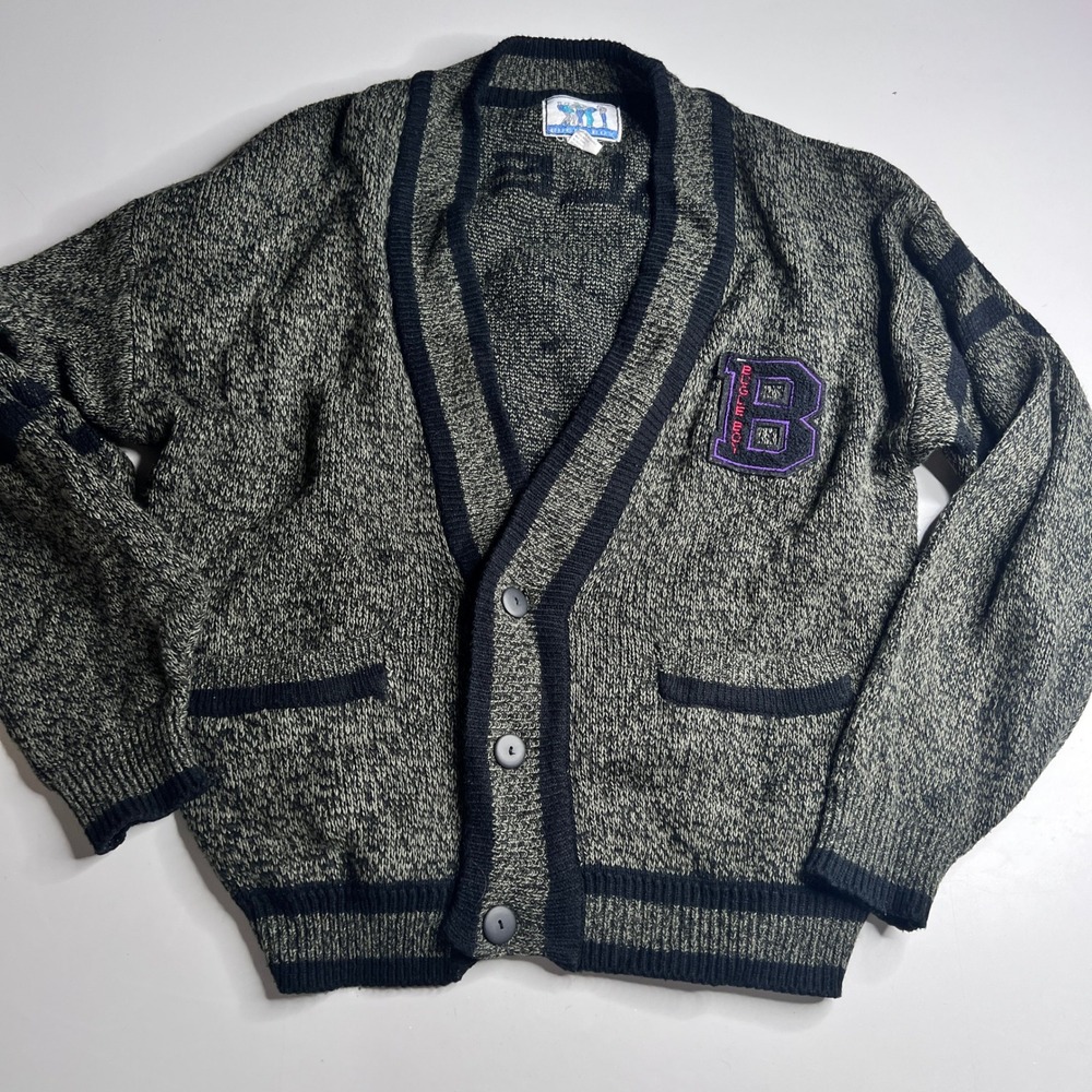 Vintage Bugle Boy‎ University Cardigan Sweater Mens Large Grey Black Varsity 90s